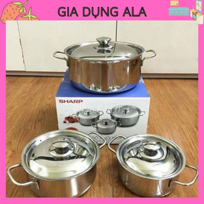 Bộ Nồi Inox Bếp Từ 3 Nồi, Nồi Inox 24cm 20cm 16cm Cao Cấp Dùng Cho Mọi Loại Bếp