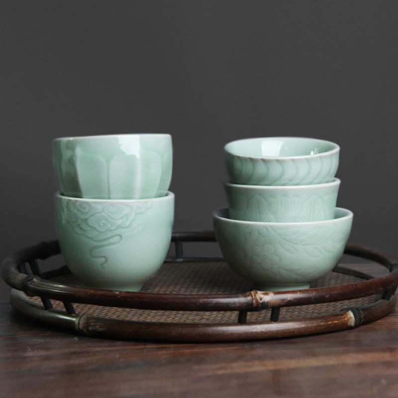 ✚๑ↂJingdezhen mận men ngọc kết cấu chạm nổi đám mây tốt lành Tách trà thủ công bằng gốm sứ Trung Quốc Kungfu trà đạo