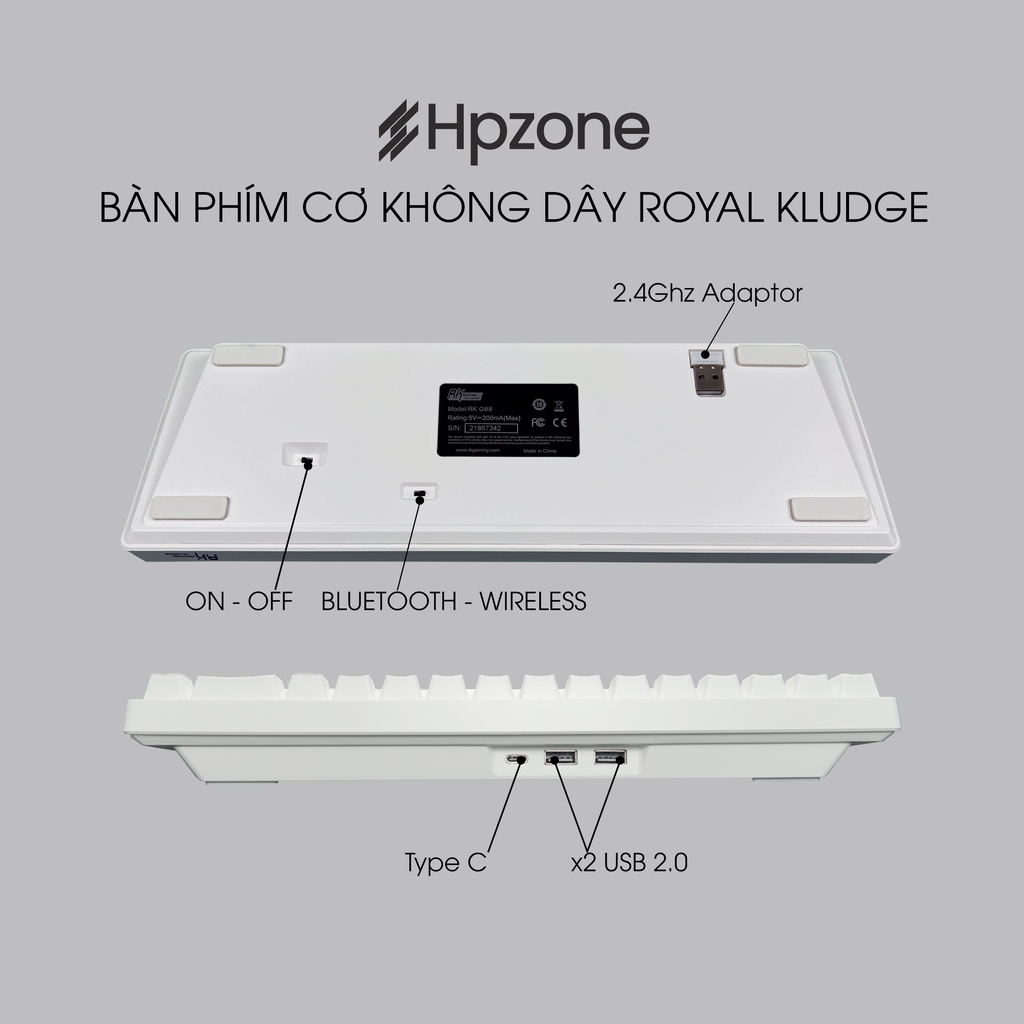 RKG68 Bàn phím cơ không dây RK G68 RGB chính hãng ROYAL KLUDGE, Hot Swappable, Bluetooth 5.0/ Wireless 2.4Ghz, Type C