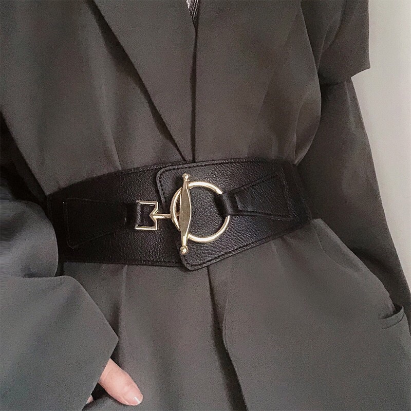 Đai váy bản to 5cm Simsimvintage ĐV020 phối da chun co giãn - Thắt lưng áo vest dạ bản to mặt vàng