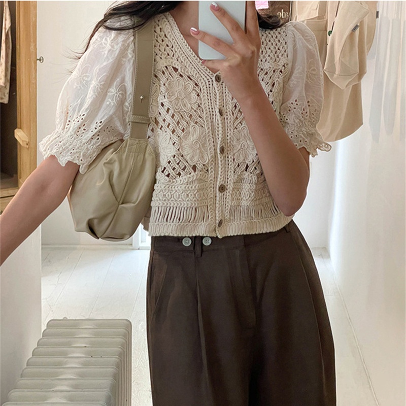 Áo Khoác Cardigan Cổ V Tay Phồng Ngọt Ngào Cho Nữ