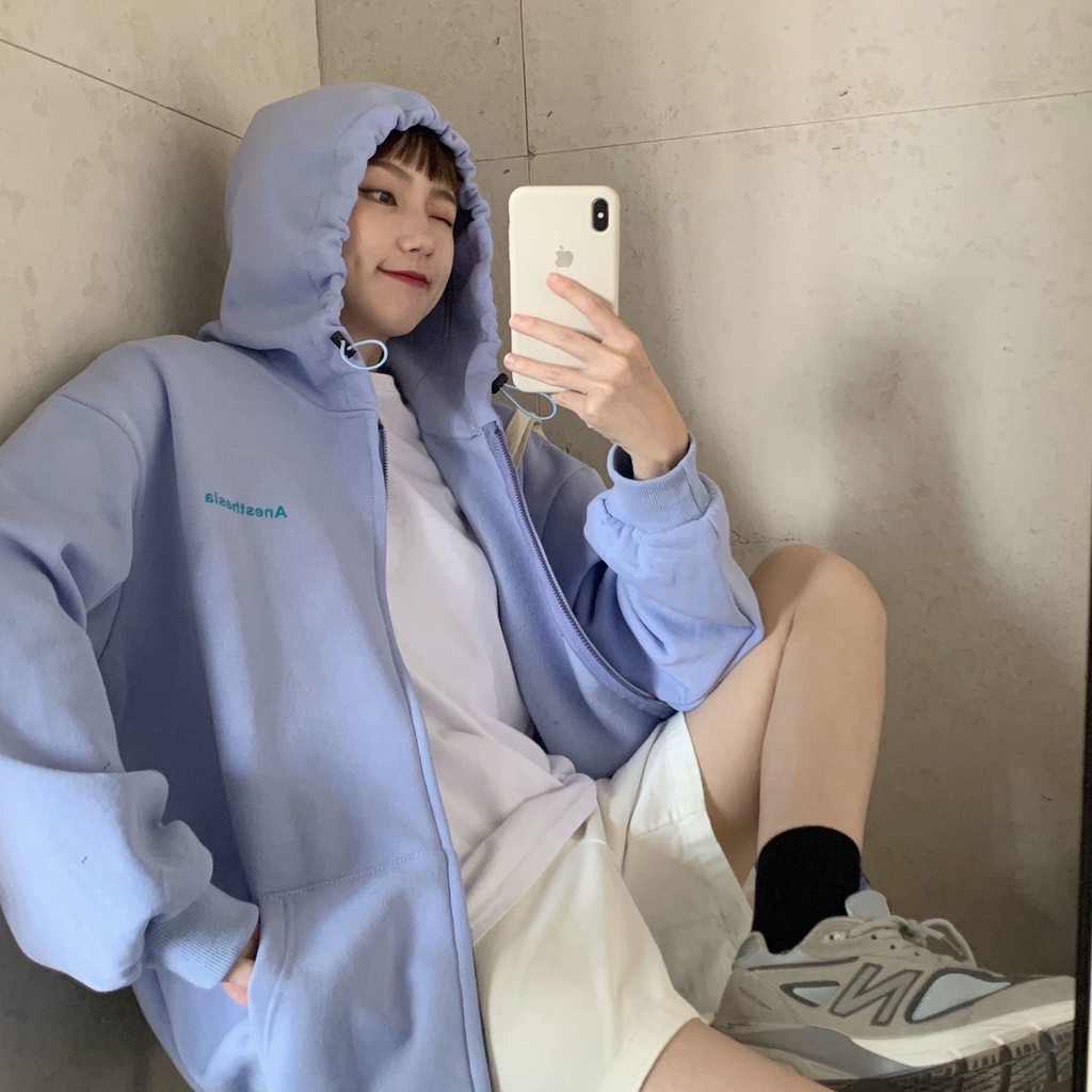 Áo Hoodie Dáng Rộng Màu Trơn Phối Khóa Kéo Cá Tính Cho Nữ Màu Sắc
