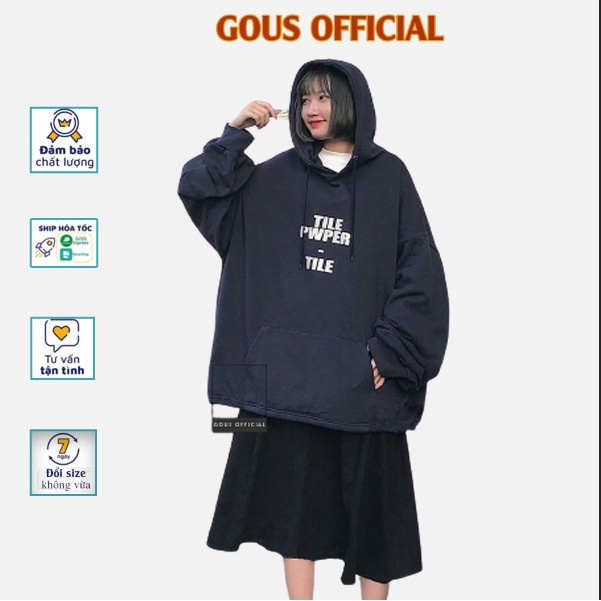 Áo Hoodie Nữ Form Rộng Màu Xanh Than Áo Sweater Có Mũ Rộng Tay Phồng Phong Cách Unisex Hàn Quốc TILE 1804 Gous Official