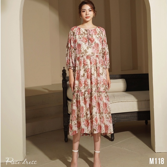 Đầm voan tay lỡ dáng dài họa tiết hoa hồng free size - M118