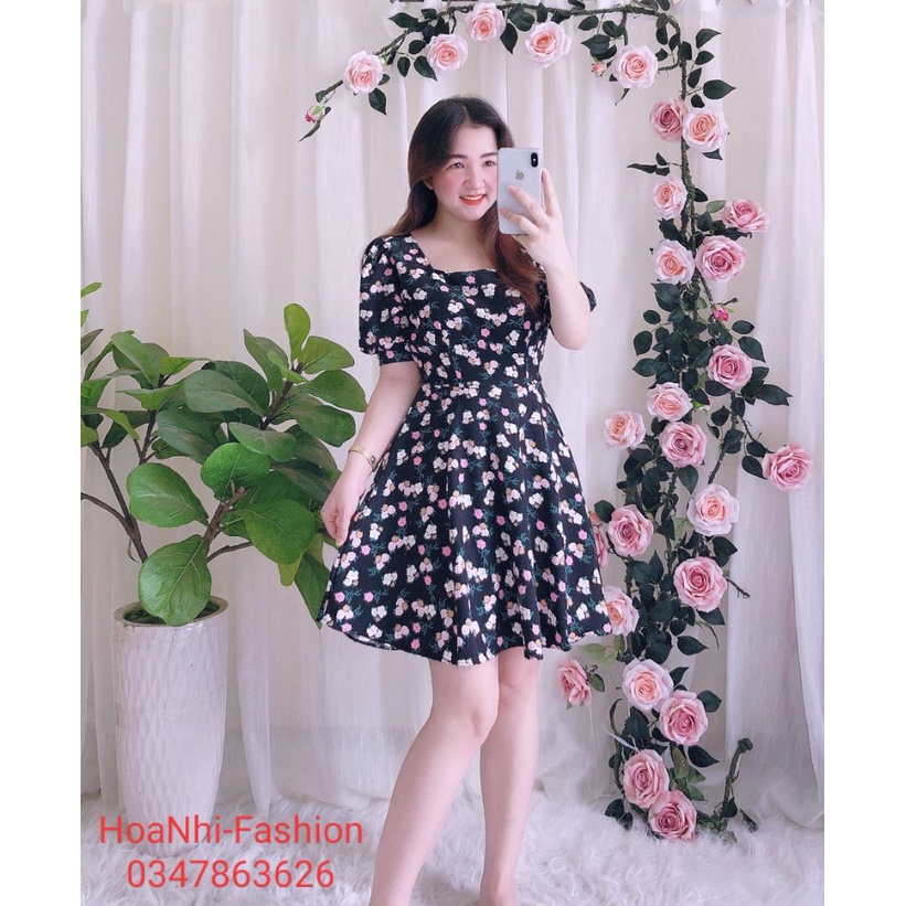 Đầm nữ cổ vuông tay phồng bo gấu chất liệu lụa Nhật | BigBuy360 - bigbuy360.vn