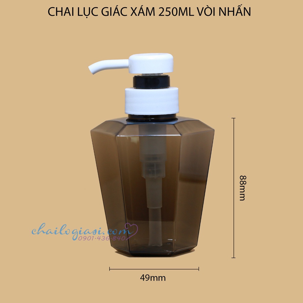 CHAI NHỰA LỤC GIÁC XÁM 250ML VÒI NHẤN