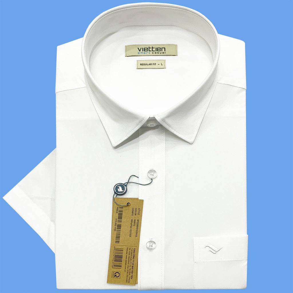 Viettien - Áo sơ mi nam ngắn tay xẻ tà lai ngang màu trắng ngà 6P3266 regular fit