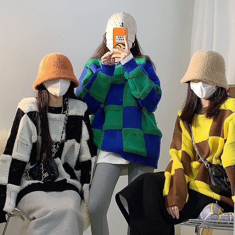 Áo Sweater Cổ Thuyền Dáng Rộng Họa Tiết Sọc Caro Cho Nữ