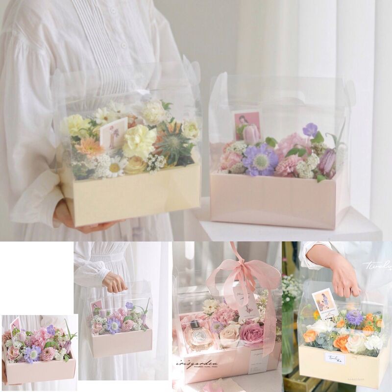 SET 5 HỘP MICA CAO CẤP CÓ QUAI XÁCH TRONG SUỐT ĐỂ ĐỰNG HOA, QUÀ TẶNG SANG XỊN - Phụ liệu hoa ALISA