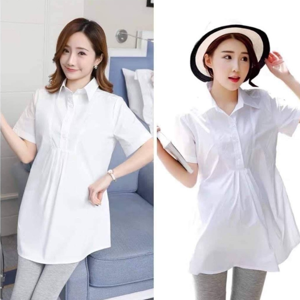 Áo Bầu Công Sở Sơmi Trắng Cộc Tay - Chất Đũi Đẹp Cực Mềm Nhẹ Mát, Trẻ Trung