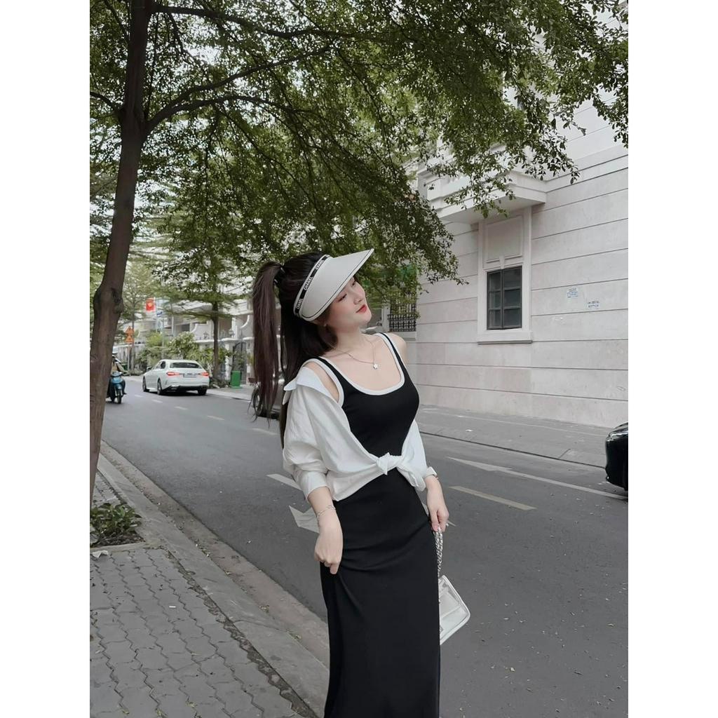 SET ĐẦM MIDI SÁT NÁCH ĐEN VIỀN TRẮNG + ÁO SƠ MI KHOÁC TRẮNG