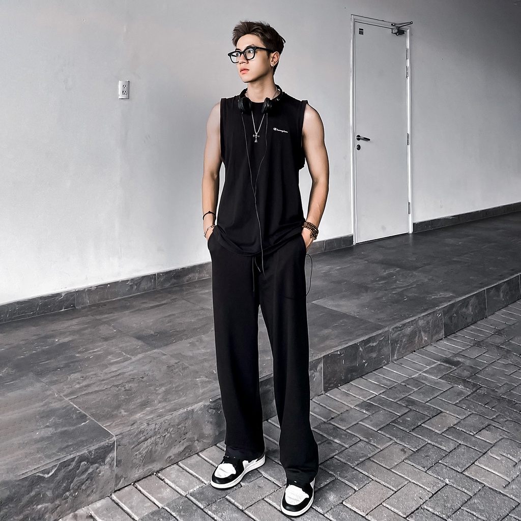 Quần Thun Trơn Dây Đen Unisex Chất Liệu 100% Cotton Form Suông Rộng Thoải Mái Phong Cách Đơn Giản
