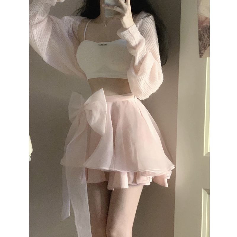 Set Áo Lưới Đính Nơ + Áo Khoác + Áo Khoác Cardigan Thời Trang Nữ Tính