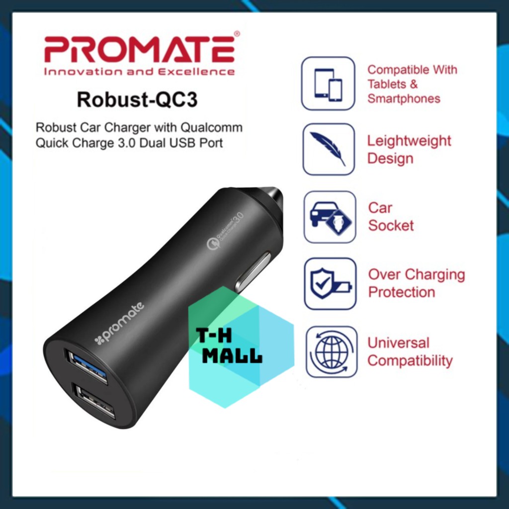 Cốc Sạc Xe Hơi ô tô 2 cổng USB Sạc Nhanh QC 3.0 Promate Robust-QC3