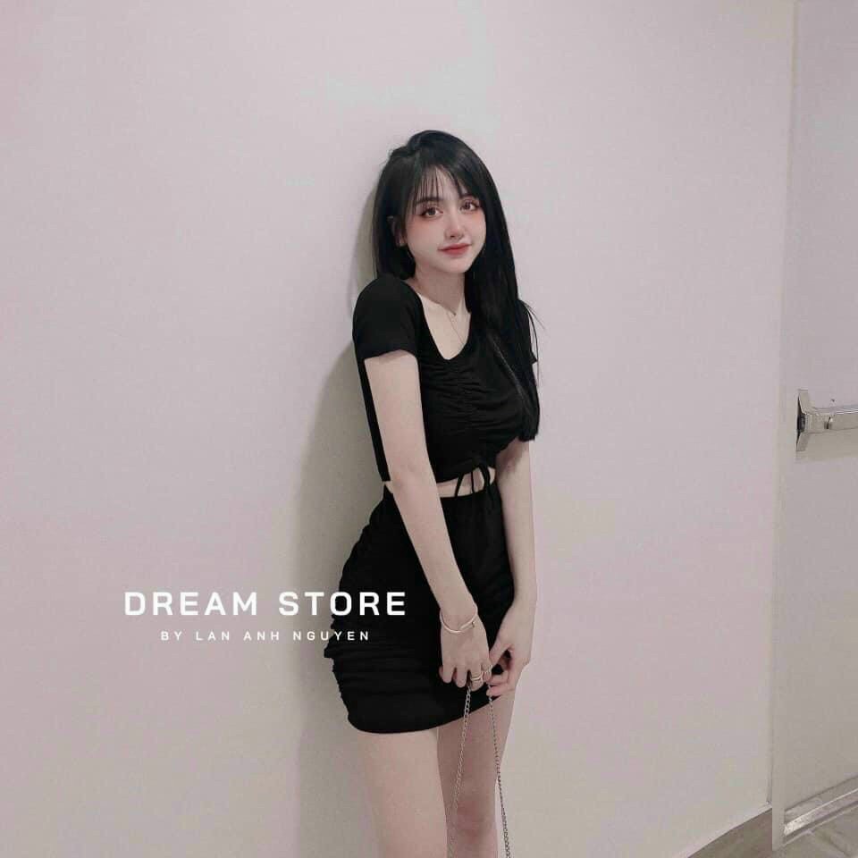 set bộ gồm áo rút dây ngực mix chân váy nhúm chất gân mềm