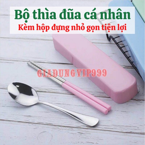 Bộ thìa đũa 🥄SALE🥄 Bộ đũa thìa cá nhân văn phòng inox tay cầm lúa mạch có hộp đựng sang trọng tiện lợi