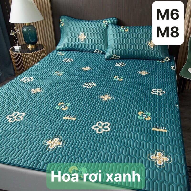 Chiếu điều hòa cao su non 5D Tencel,kích thước m6/m8, mẫu hoa rơi xanh