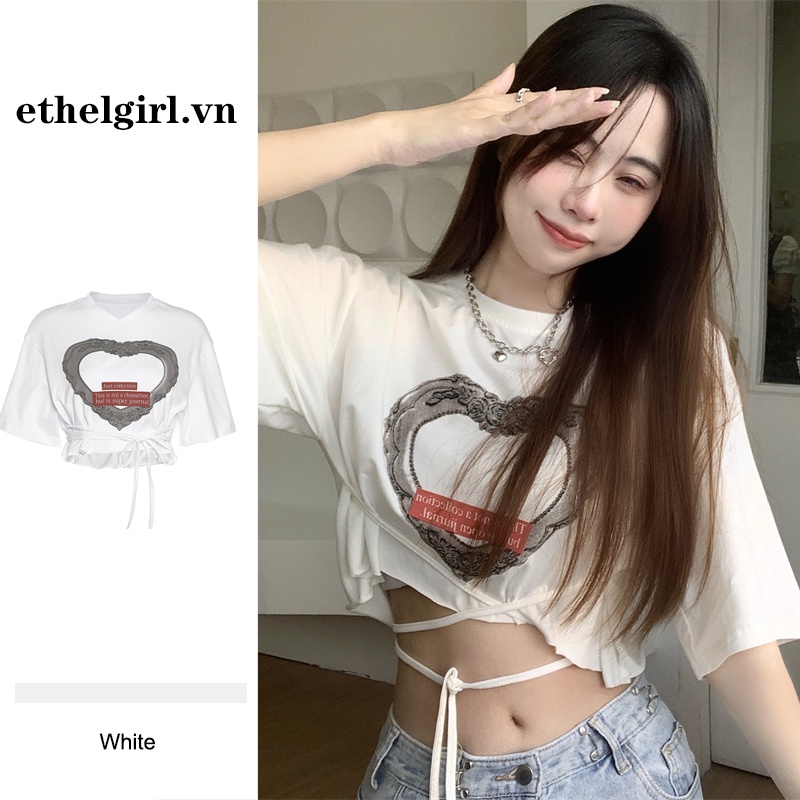 Áo Thun Crop Top Nữ Tay Ngắn In Hình Thời Trang