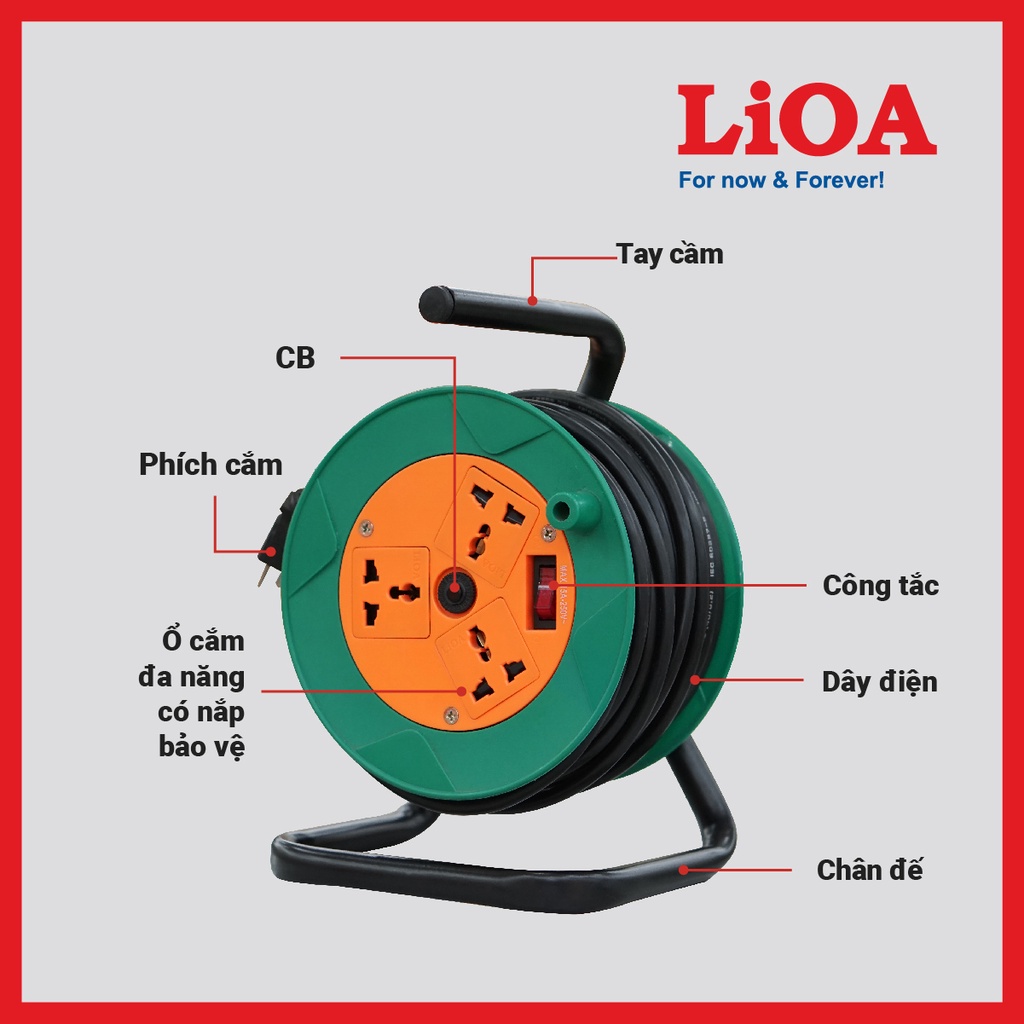 [CHÍNH HÃNG] Ổ cắm kéo dài quay tay kiểu Rulo LiOA phổ thông dài 30m QT30-2-10A và QT30-2-15A đa năng có nắp che an toàn