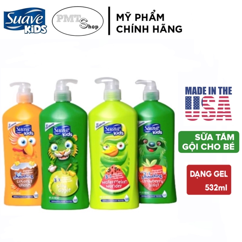 Sữa tắm gội toàn thân 3in1 cho Bé Suave Kids chai vòi 532ml Táo, Dưa hấu, Dâu, Dừa không cay mắt