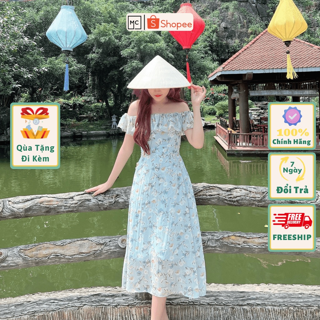 Váy Hoa Voan Trễ Vai Maxi, Váy Đi Biển, Đi Chơi, Dự Tiệc, Thời Trang Thiết kế Thương Hiệu Mee's cloet