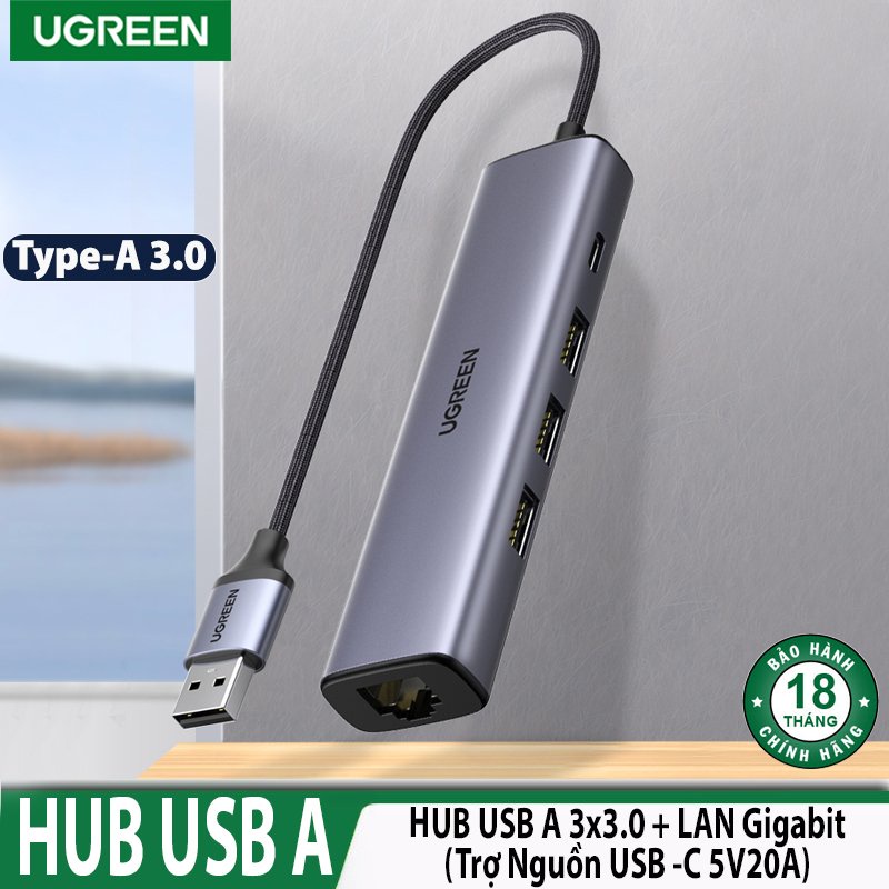 Bộ chia USB 3.0 ra Lan Gigabit +3 Hub USB 3.0 Cao Cấp Ugreen 20915 Chính Hãng CM475