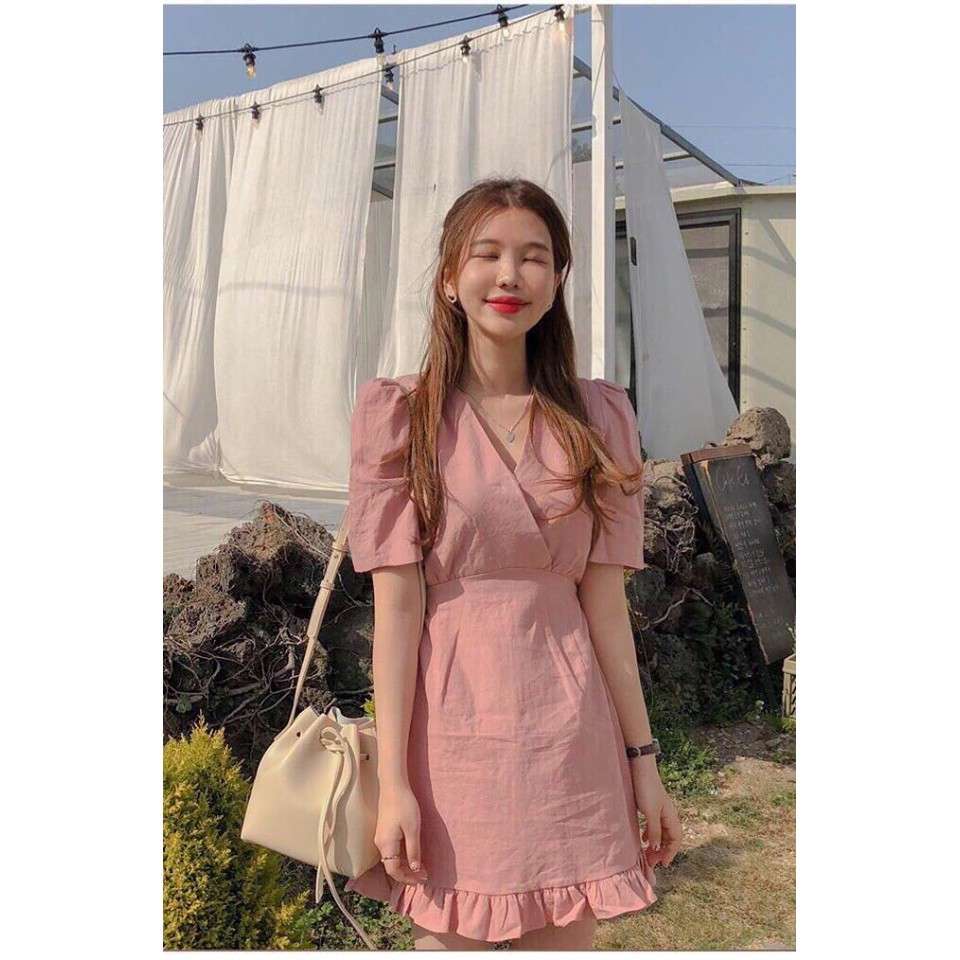 Đầm suông ngắn cổ V đắp ngực viền bèo Hyro dress