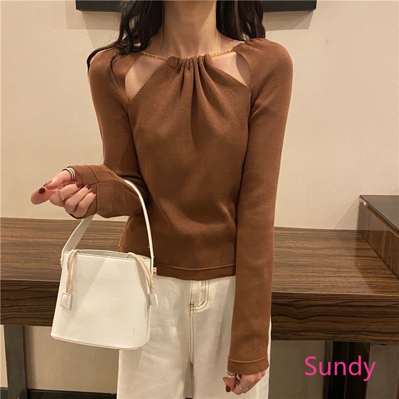 Áo Kiểu Tay Dài Phối Dây Xích Phong Cách Thời Trang Mùa Thu Hàn Quốc Cho Nữ