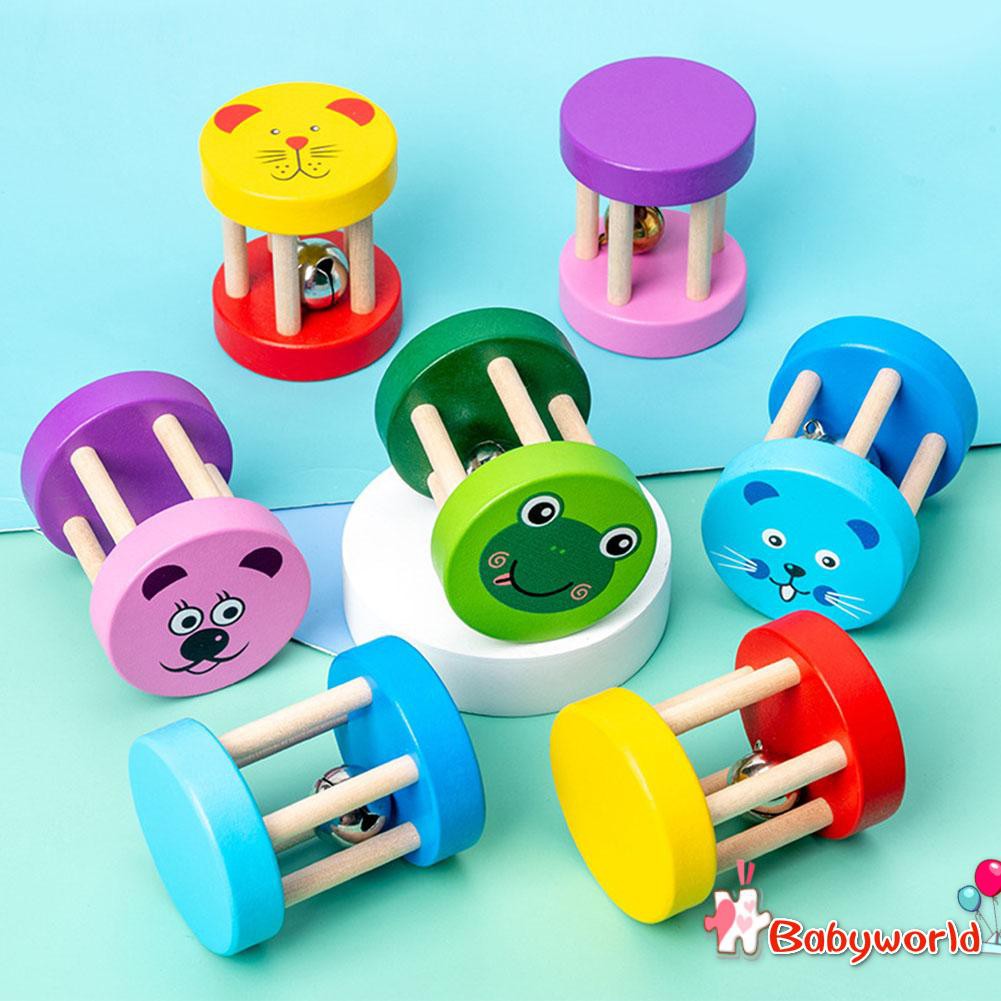 Baby Wooden Rattle Kids Early Education Cartoon Music Toys Infant Handbell