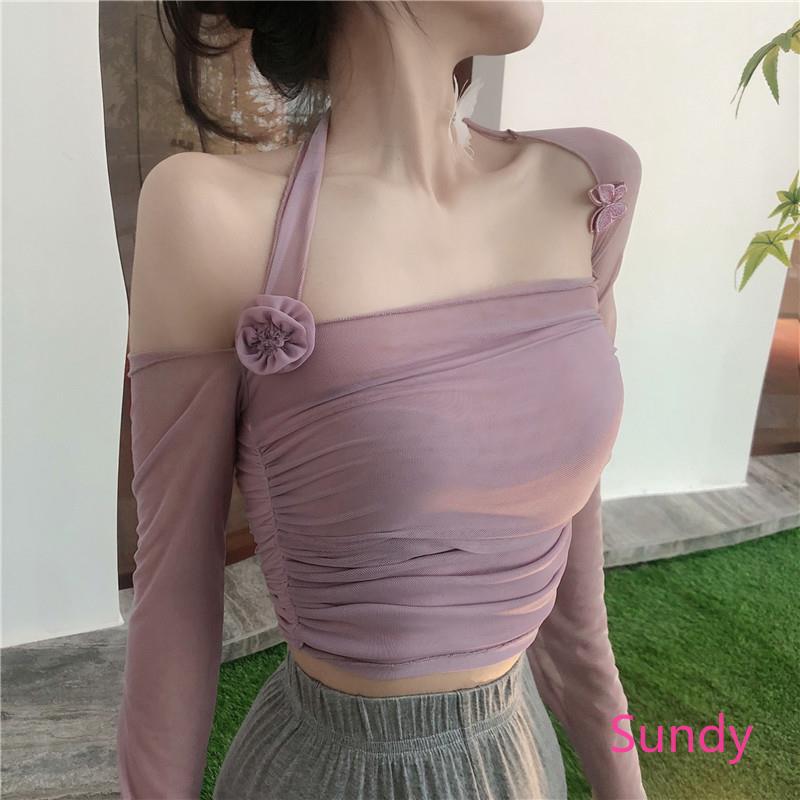 Áo Croptop Tay Dài Xếp Ly Quyến Rũ Thời Trang Mùa Thu Cho Nữ