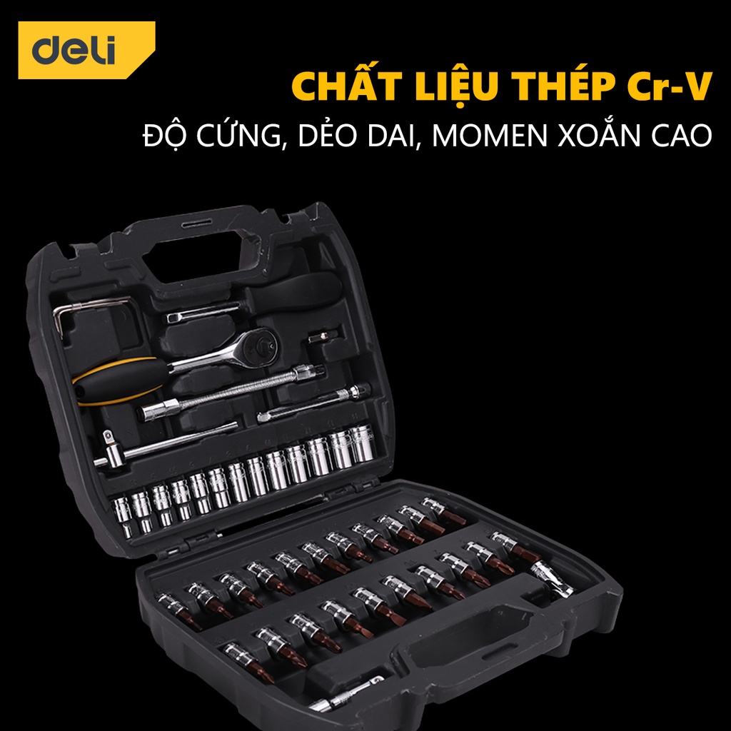 Bộ Dụng Cụ Vặn Bu Lông 6.3mm Deli Cao Cấp 46 Chi Tiết Sửa Chữa Xe Máy, Ô Tô - Hộp Đựng Cầm Tay Tiện Lợi - DL1046