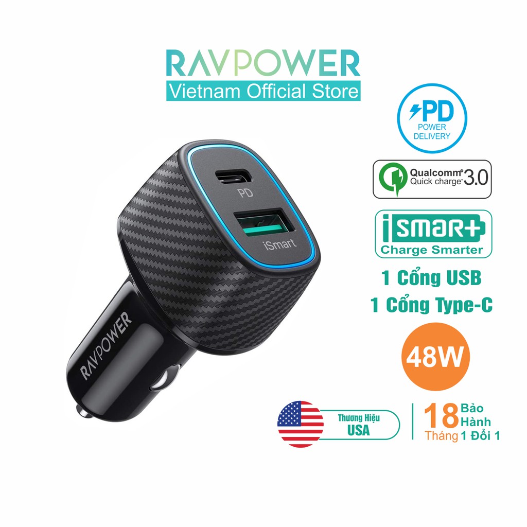 Củ Sạc Điện Thoại Trên Ô Tô RAVPower RP-VC019 48W QC 3.0 1 USB Type C Và 1 USB - Hàng Chính Hãng