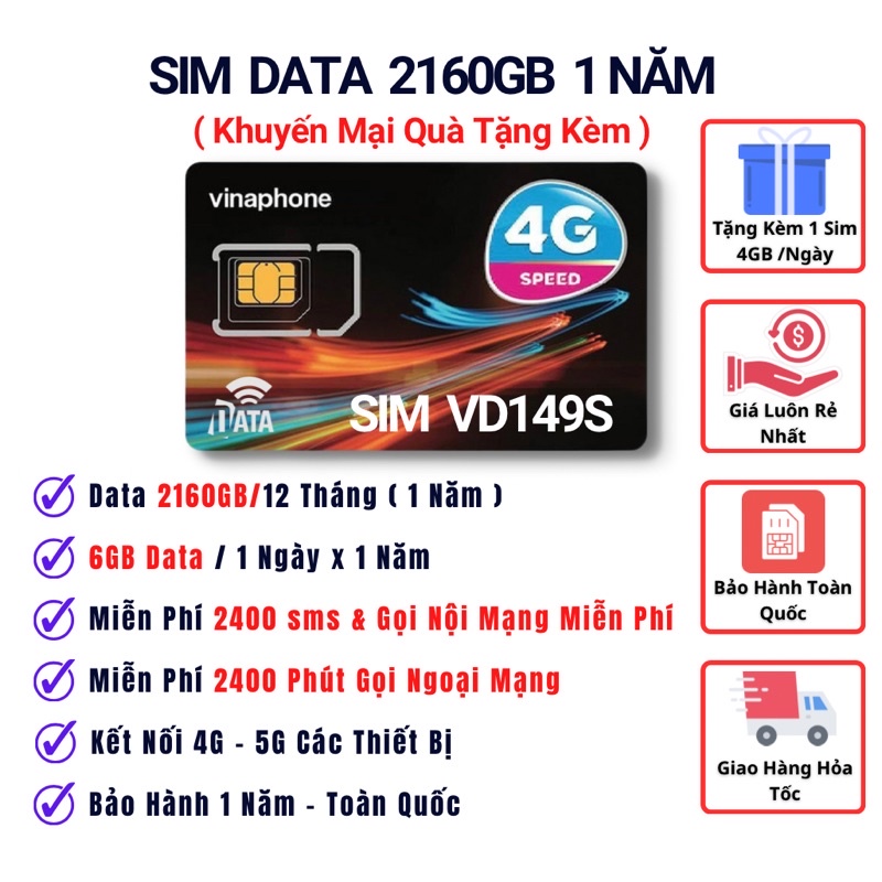 Mua 1 Tặng 1 , Sim VD149S Data 6GB 1 Ngày , Miễn Phí Gọi , Gói Cước Sử Dụng 12 Tháng Bảo Hành Toàn Quốc