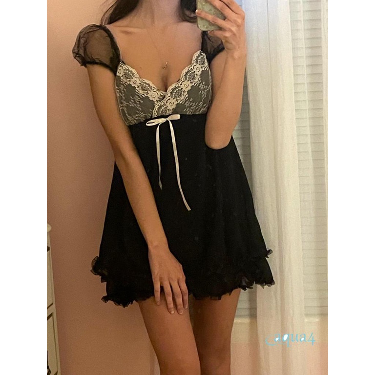 Đầm chữ A tay ngắn cổ chữ V phối ren màu đen thời trang mùa hè quyến rũ cho nữ