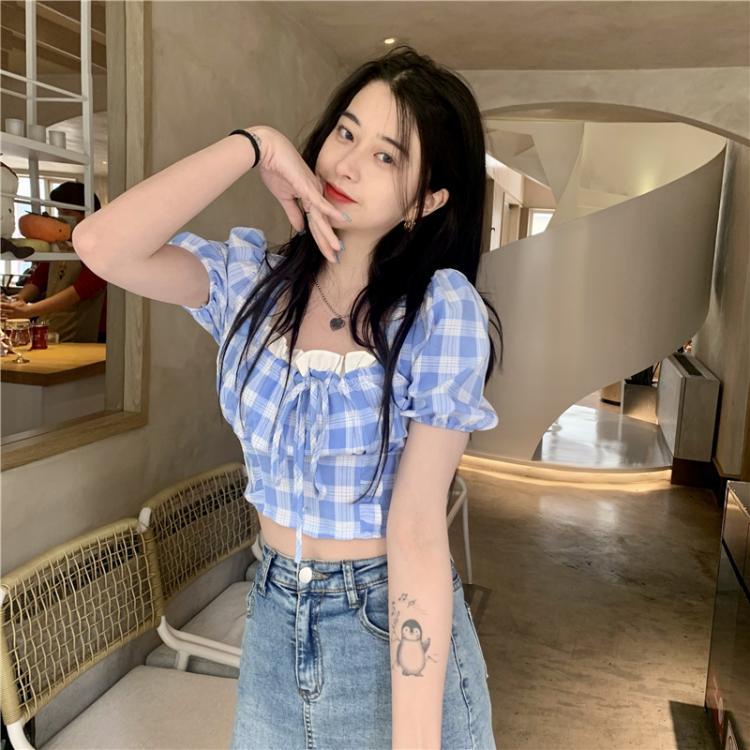 Áo croptop BH kẻ sọc ca rô tay phồng cổ vuông thời trang nữ 2022