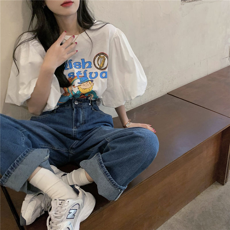 Áo thun tay phồng ngắn dáng rộng in hoạt hình kiểu Hàn Quốc thời trang mùa hè