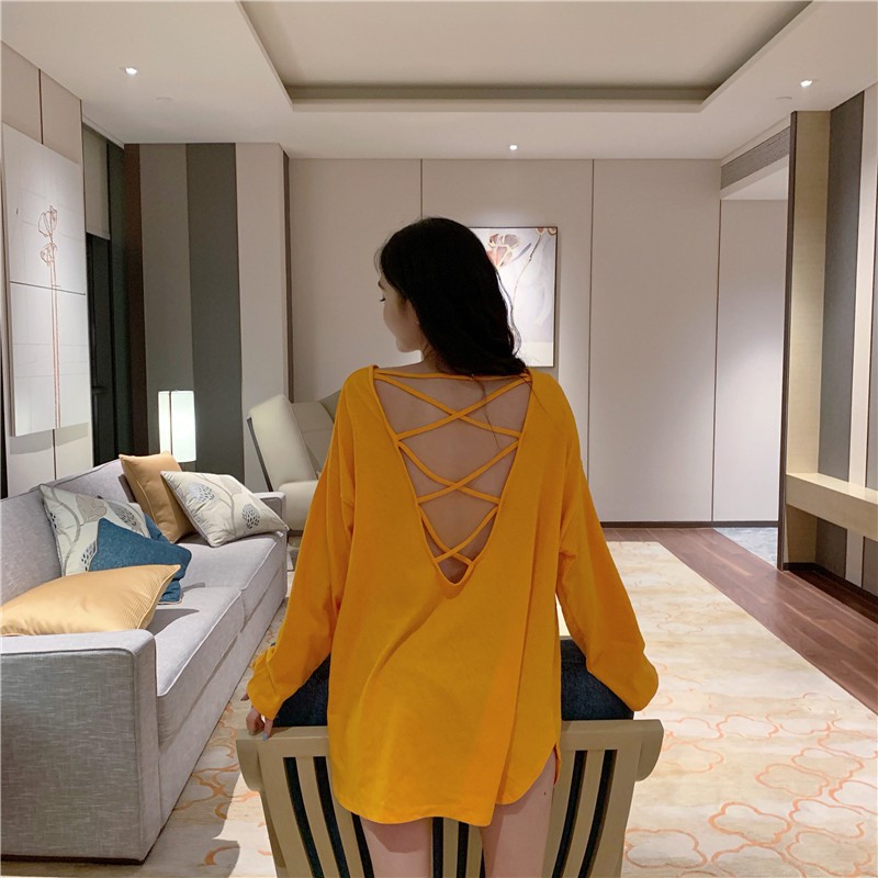 SẴN VÀNG Áo thun nữ tay dài cổ tròn form rộng dài giấu quần hở sau lưng dấy chéo ulzzang ( 3 màu )