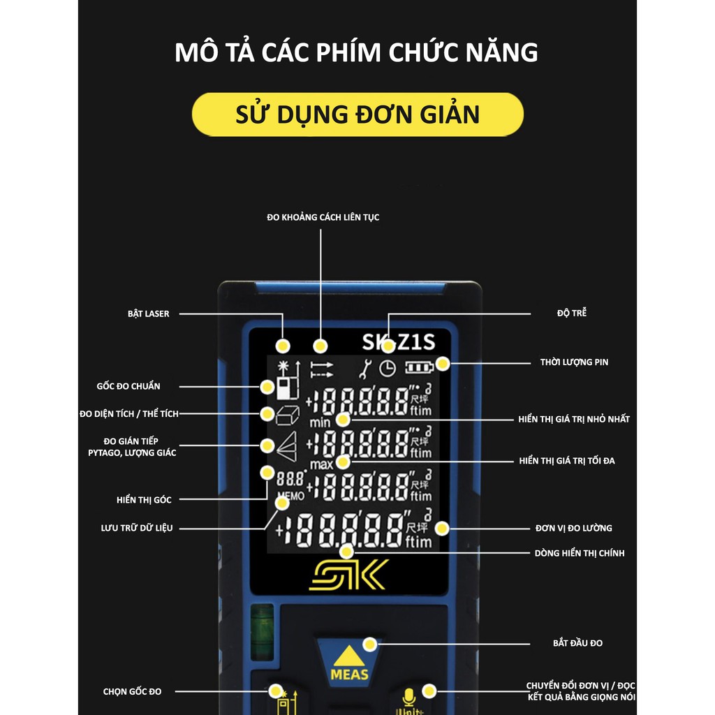 Máy Đo Khoảng Cách bằng tia laser SYNTEX LOẠI 40M, thước đo được nhanh diện tích, thể tích, đổi đơn vị tiện lợi