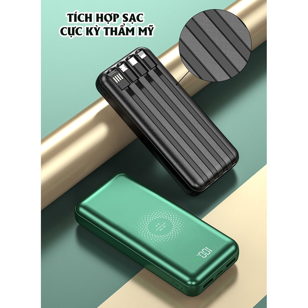 Pin sạc dự phòng Tích hợp sạc không dây HXSJ 10000mAh, Hỗ trợ sạc nhanh cổng usb 2.1A Kèm sẵn 4 đầu sạc tiện lợi