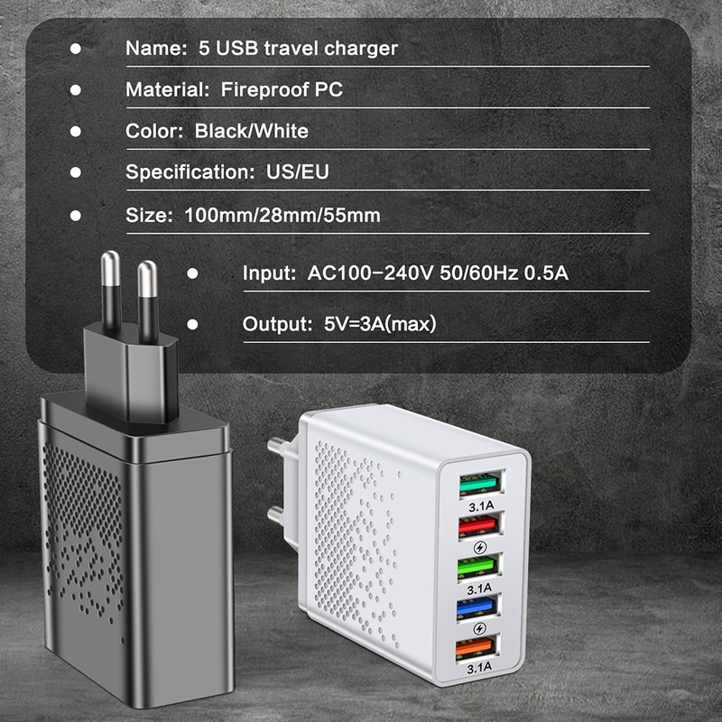 Củ Sạc Nhanh 5 Cổng USB QC3.0 Cho Điện Thoại Android