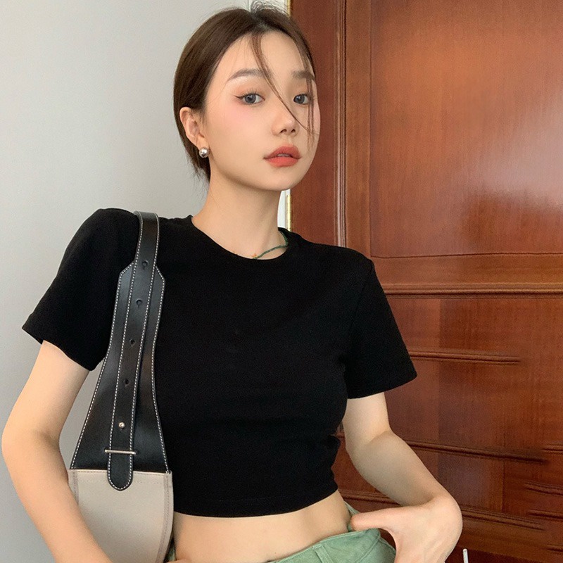 Áo Thun Croptop Cổ Tròn Hở Lưng Màu Sắc Đơn Giản Phong Cách Hàn Quốc