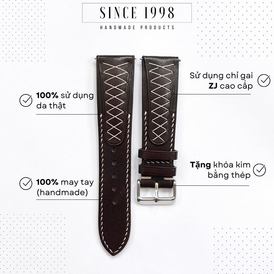 Dây Đồng Hồ Da Bò Nam 20mm 22mm, Da Thật, Handmade, Chống Nước, Chính Hãng, Màu Nâu Cách Tân, Bảo Hành 12 Tháng
