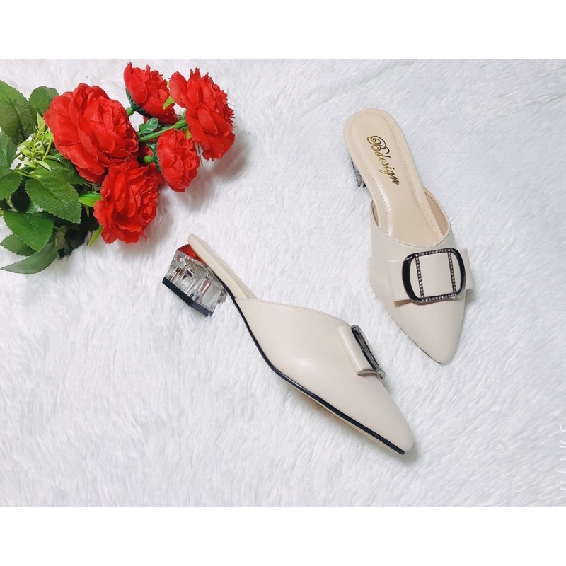 Sục da sục nữ sục cao gót giày cao gót mũi nhọn gót trong 3cm màu đen kem sành điệu thời trang