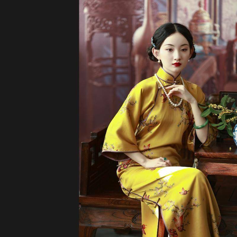 Đầm Sườn Xám Giả Lụa Tay Rộng In Họa Tiết Thổ Cẩm Kiểu retro Thời Trang Mùa Xuân 2022 Mới