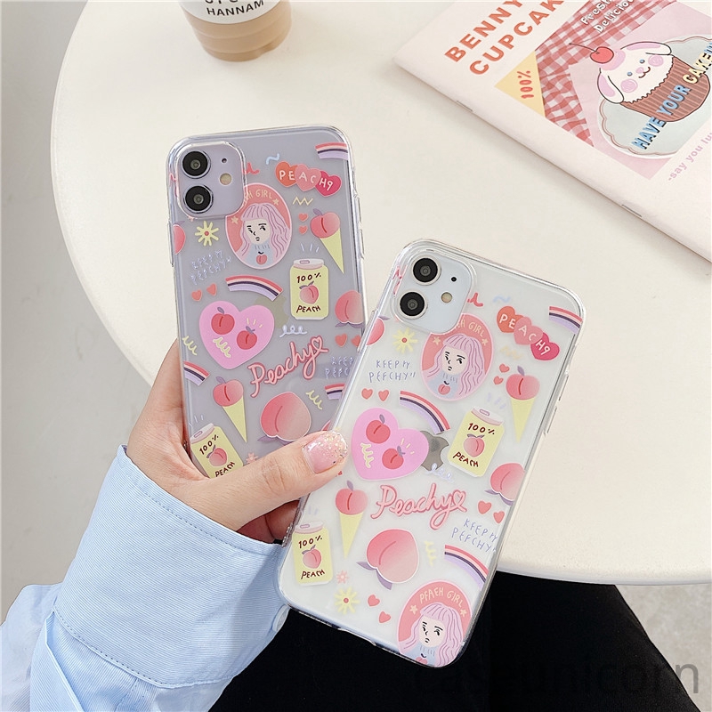 Ốp điện thoại mềm trong suốt in hình cô gái và đào hoạt hình cho iPhone 6 6s 7 8 Plus 11 12 Pro Max iPhone 12 mini XR X XS MAX