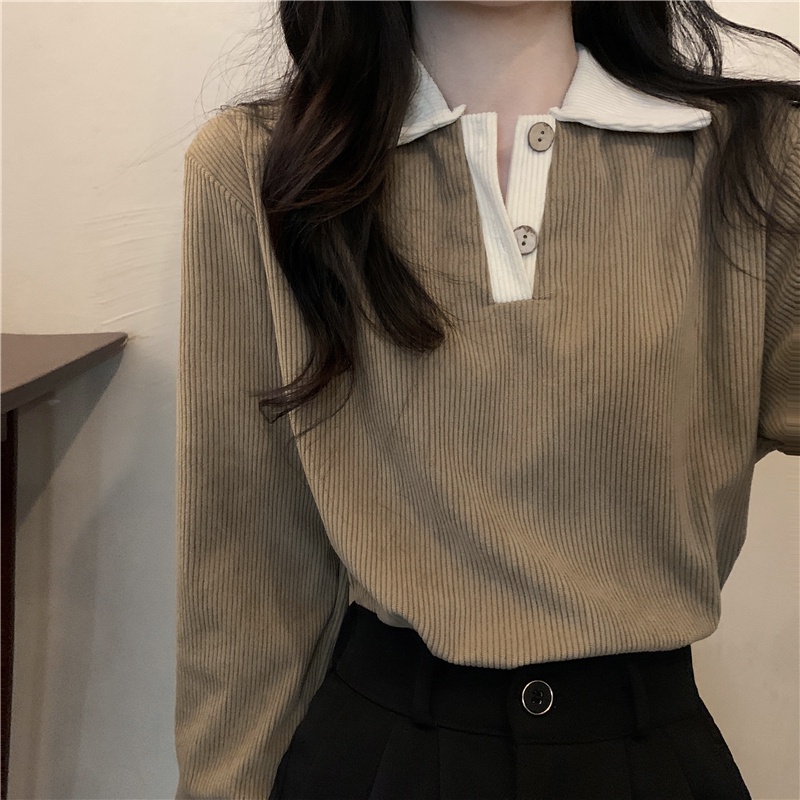 Áo sơ mi tay dài XIAOZHAINV dáng rộng vải nhung kẻ có 3 màu thời trang Hàn Quốc