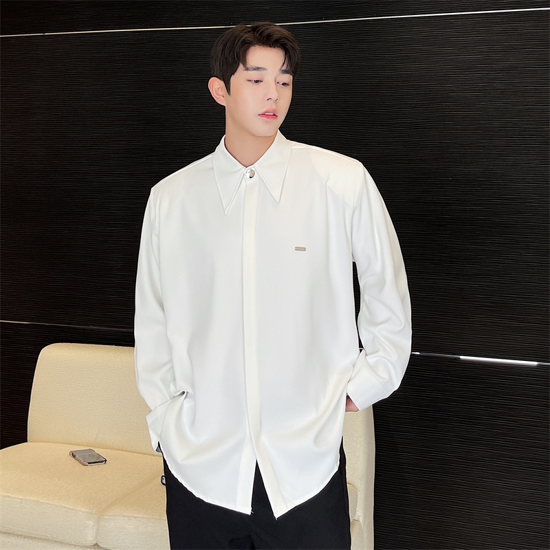 Áo Sơ Mi Lụa Lạnh Tay Dài Cổ Nhọn Hai Lớp Cao Cấp Màu Trơn Phong Cách Hàn Quốc Thời Trang Mùa Hè Dành Cho Nam