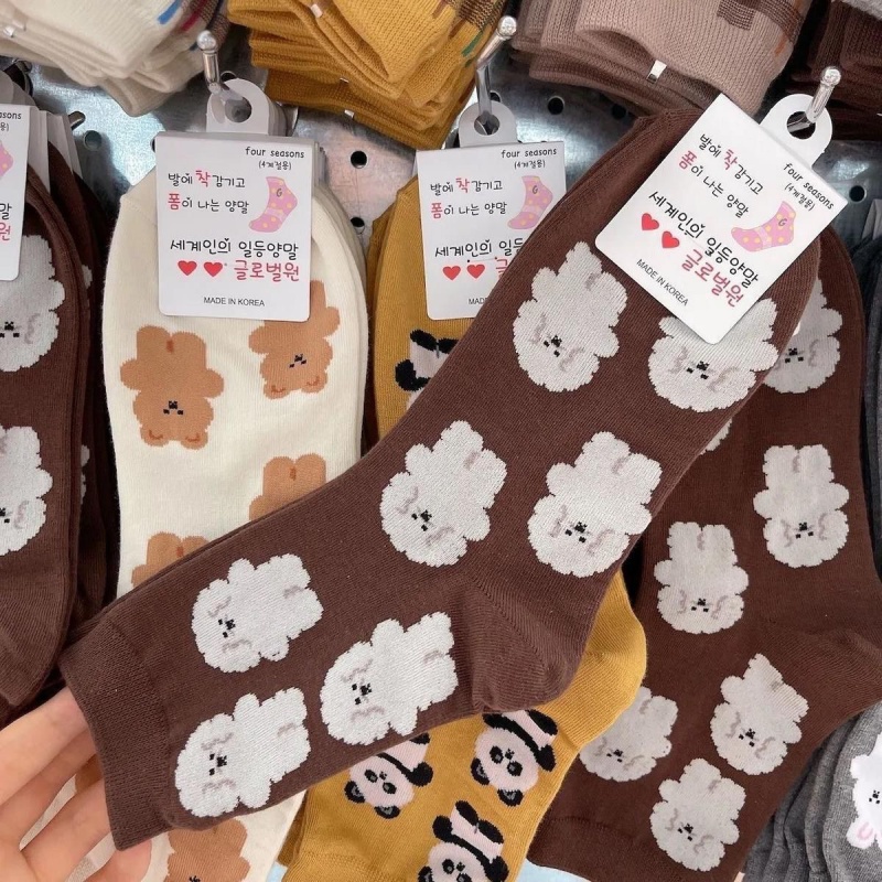 Vớ Cổ Trung Màu Trơn In Họa Tiết Hoạt Hình Thỏ / Gấu Trúc Phong Cách Nhật Bản Dễ Thương Cho Nữ