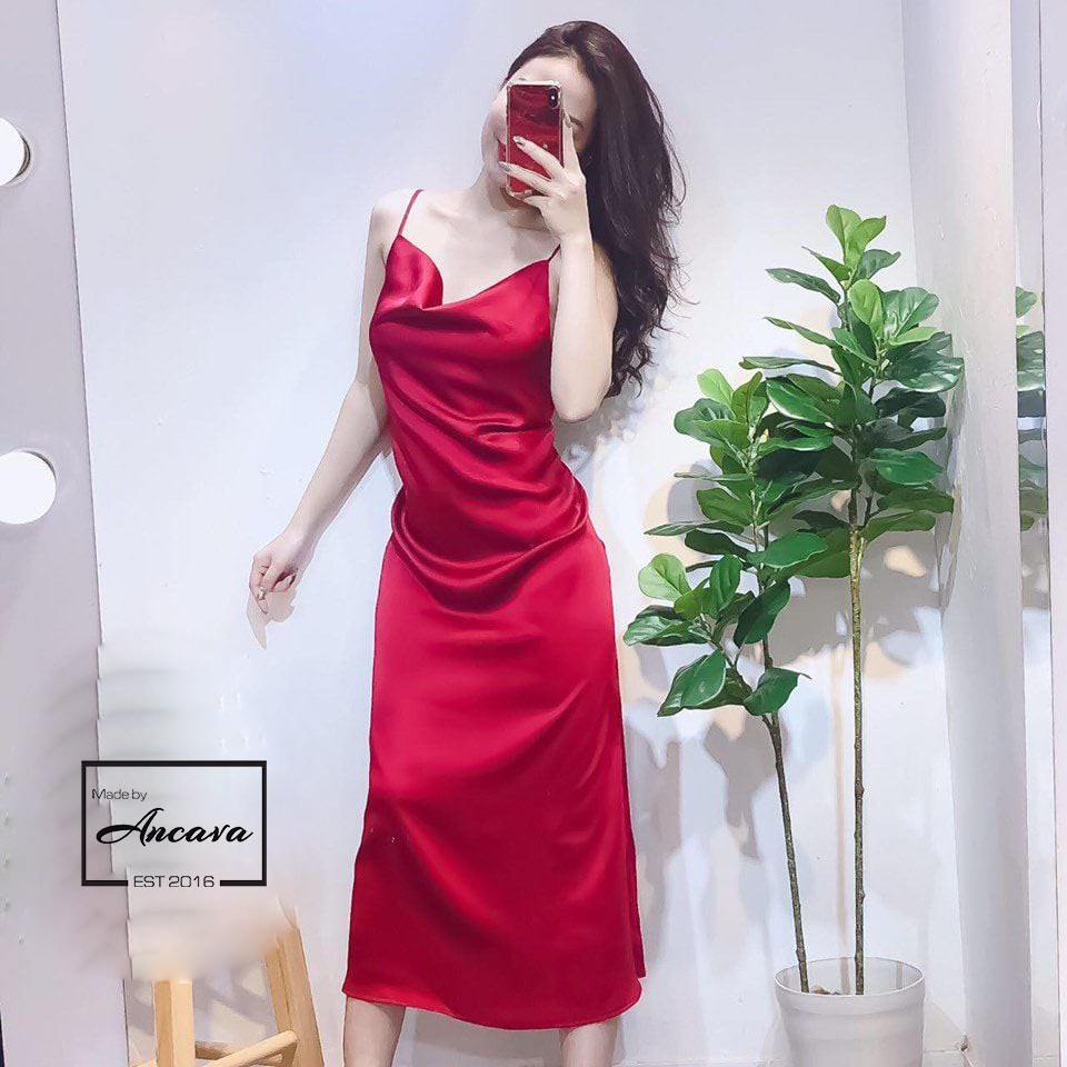 Váy lụa 2 dây cổ đổ chất lụa satin hàng đẹp - Đủ Size