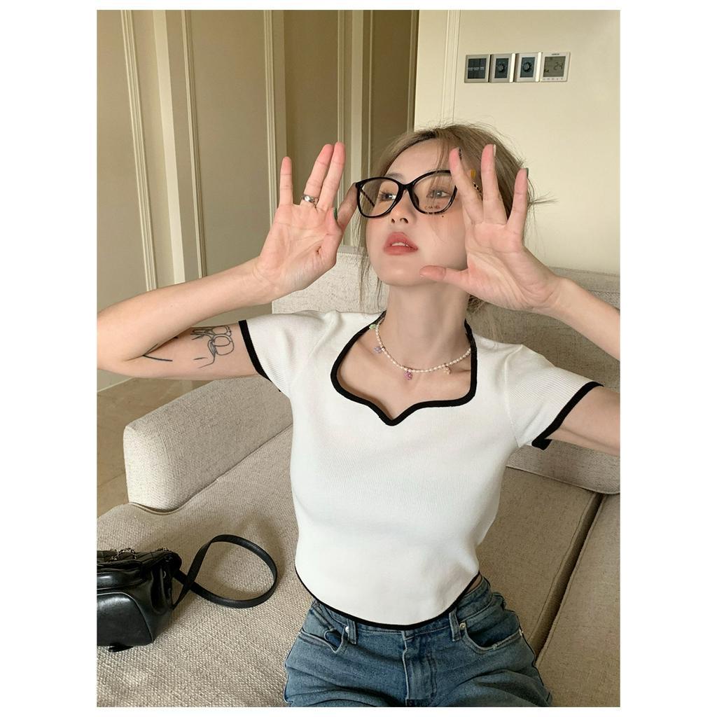 Áo sweater Ngắn Tay Cổ Vuông Thiết Kế Lệch Tà Cá Tính Dễ Phối Đồ